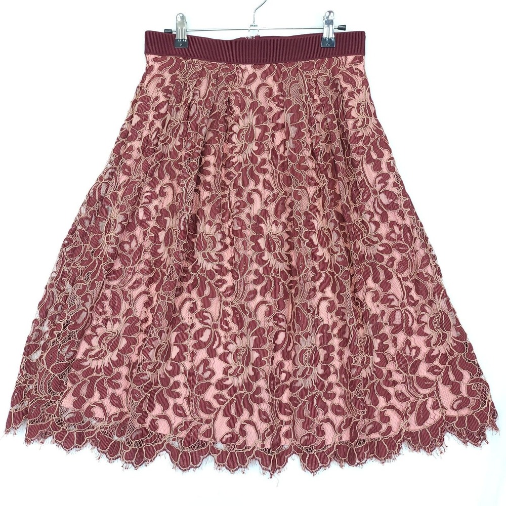 Eva Mendes Floral Lace Skirt Pleated Flowy Women 2 Lined Burgundy Rose Pockets